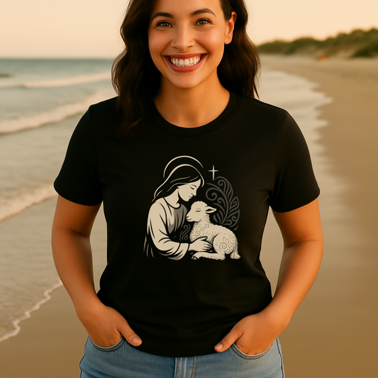 Woman Nurtures Lamb Tee – Women's black t-shirt | Faith Merch